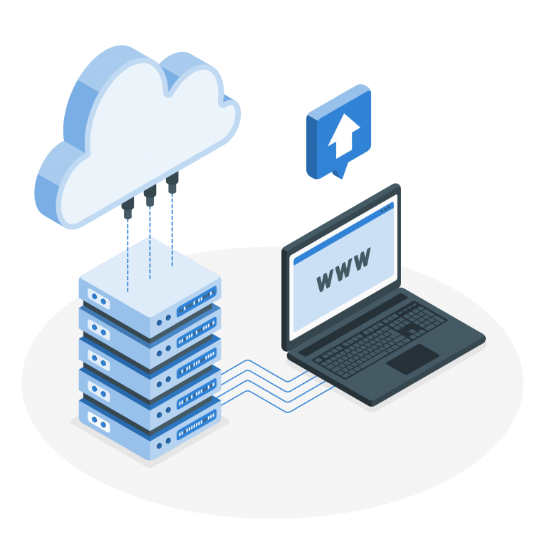 alojamiento web y dominio. Servidor dedicado simulando la partición en servidores VPS y un ordenador portatil conectado a un hosting