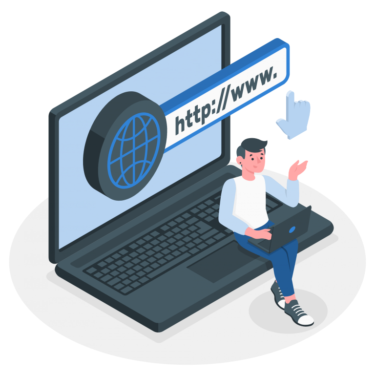 hosting y dominio. chico sentado sobre un ordenador portátil gigante diseñando su página web