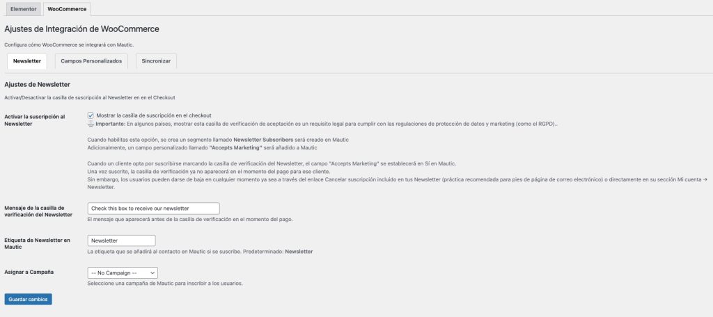 Ajustes de Newsletter Plugin wordpress mautic